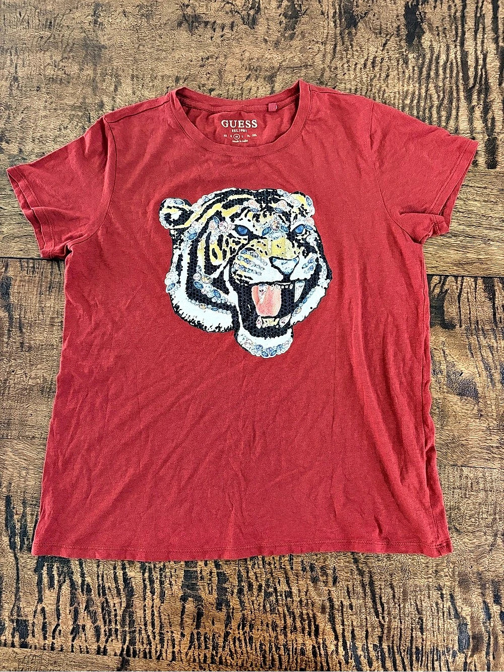 GUESS Sequin Tiger Graphic Tee in Red Small